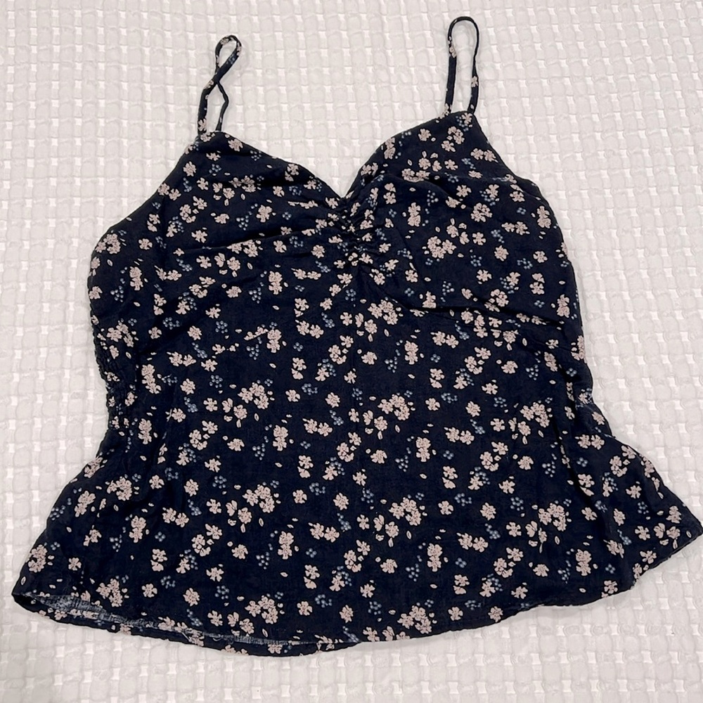 Flattering Cute Navy Blue with Floral Print and Spaghetti Adjustable Straps